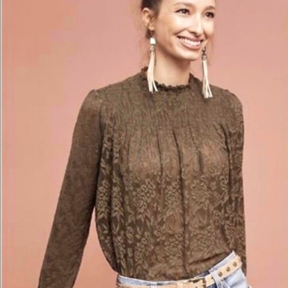 Anthropologie Deletta Green Lace Long Sleeve Top